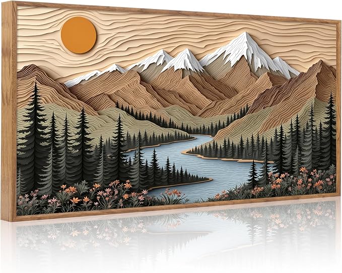 CHDITB Mountain Framed Wall Art, Long Horizontal Mountains Wall Decor, Sun Lake Pine Trees Nature Wall Painting, Modern Rustic Farmhouse Landscape Art Prints for Bedroom Office Decoration 20"x40"