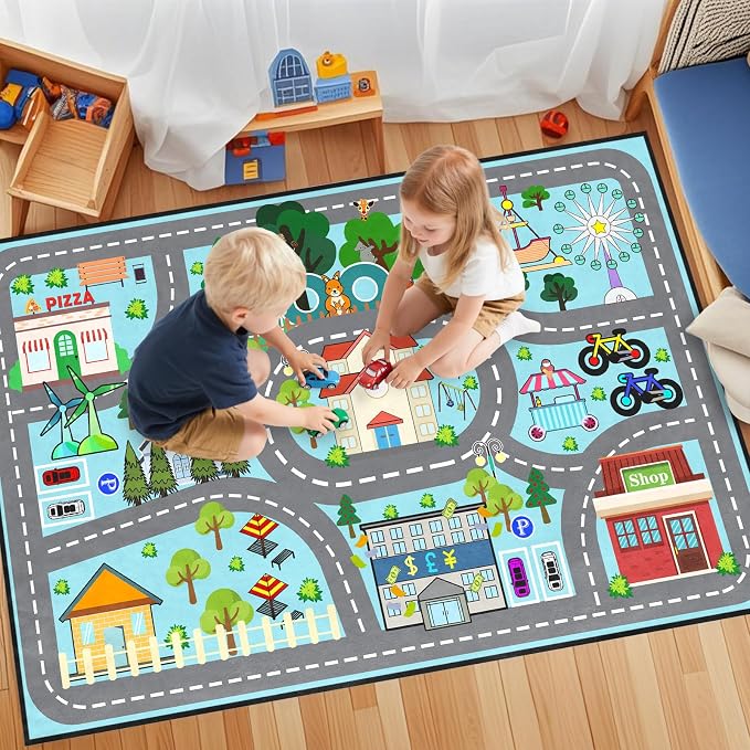 Car Rug Play Mat 4.5x6 Feet - Road Rug for Kids Boys Room, Fun Race Track Traffic Road Carpet for Boys Playmat Educational Learn, Car Carpet for Kids Room Decor Playmat Bedroom Playroom