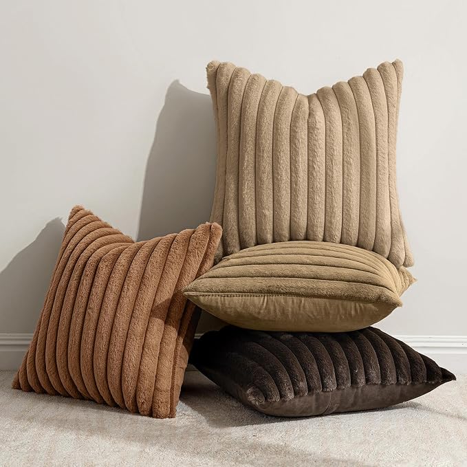 MIULEE Faux Fur Plush Decorative Throw Pillow Covers 18x18 Set of 4, Boho Fall Farmhouse Soft Fuzzy Striped Cushion Covers for Sofa Couch Bed Living Room Vintage Rustic Home Decor,Dark Brown