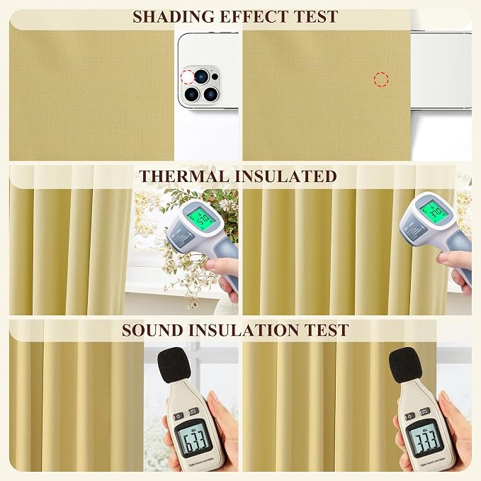 Jowels Yellow Linen Blackout Curtains 84 Length 2 Panels Set for Living Room Bedroom, 100% Black Out Thermal Insulated Linen Drapes, Room Darkening Grommet Curtains 84 Inches Long, Yellow