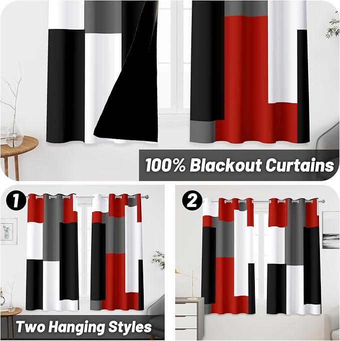 Tyrot Red Black 100% Blackout Curtains 45 inch Length 2 Panels Set White Grey Modern Abstract Geometric Drapes for Kitchen Black Out Curtains Insulated Room Darkening Small Window Curtains, 52Wx45L