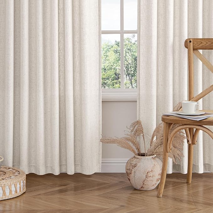 MIULEE Non-See-Through Privacy Linen Curtains 2 Panels, Light Filtering Window Curtains Farnhouse Textured Back Tab Semi Sheer Drapes for Bedroom Living Room, 52 x 96 Inches Long, White