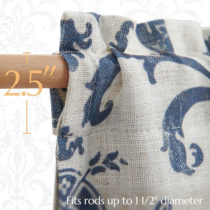 jinchan Linen Valance Curtain for Kitchen Vintage Damask Floral Blackout Valance Double Layer Small Window Curtain for Living Room Bedroom Bathroom 18 Inch Rod Pocket 1 Panel Dark Blue on Beige