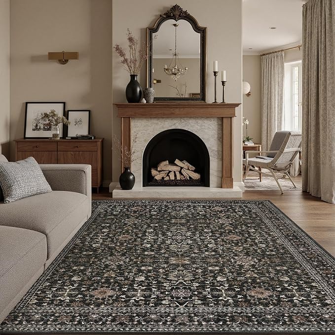 DCX Black 8x10 Rug, Kid & Pet Friendly with Rubber Back Non Slip, Machine Washable Stain Resistant Vintage Traditional Distressed Carpet, Rug for Living Room, Bedroom, Home Decor