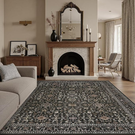 DCX Black 8x10 Rug, Kid & Pet Friendly with Rubber Back Non Slip, Machine Washable Stain Resistant Vintage Traditional Distressed Carpet, Rug for Living Room, Bedroom, Home Decor