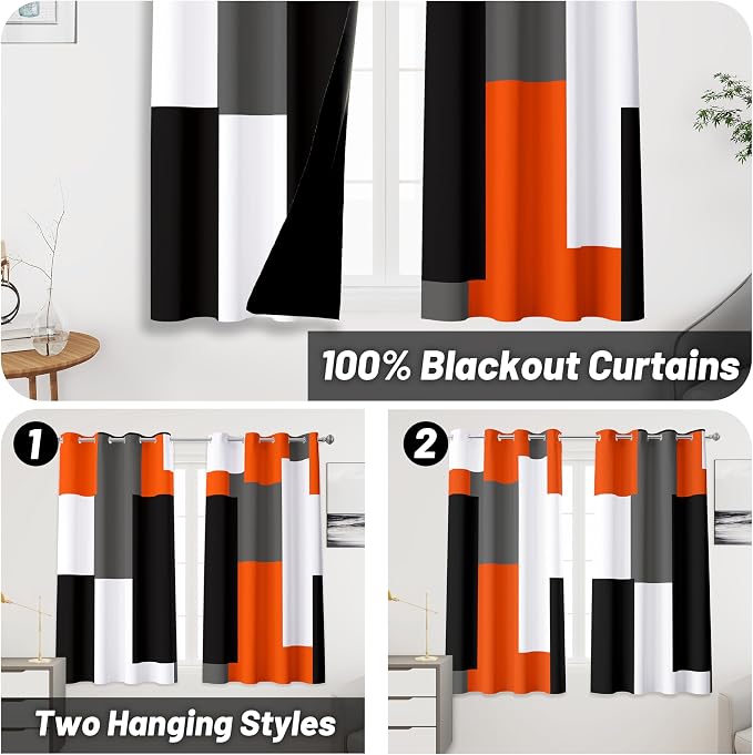 Tyrot Orange 100% Blackout Curtains 45 inch Length 2 Panels Set White Grey Modern Abstract Geometric Drapes for Kitchen Black Out Curtains Insulated Room Darkening Small Window Curtains, 52Wx45L