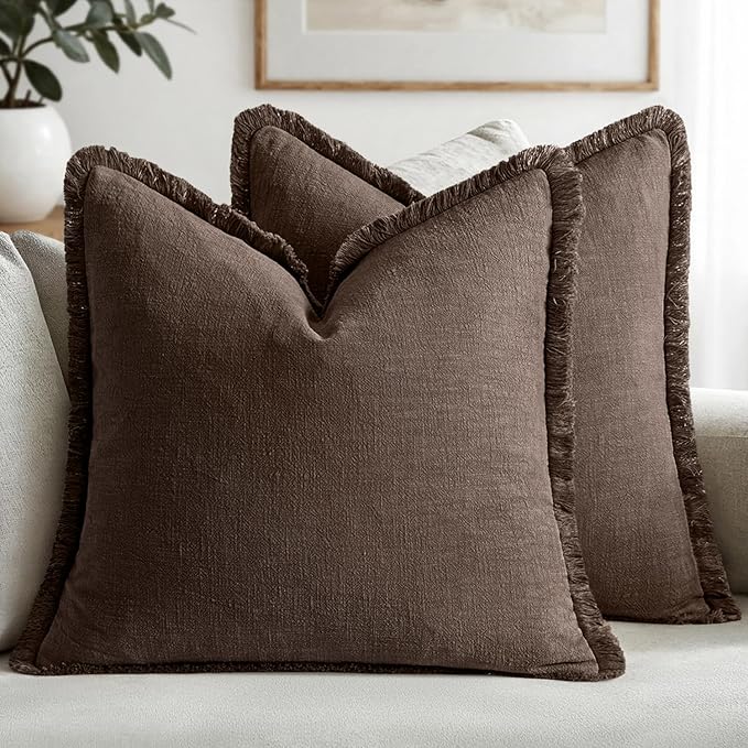 MIULEE Decorative Throw Pillow Covers Neutral Linen Fringe Throw Pillows Euro Shams Set of 2 Reddish Brown Boho Farmhouse Cushion Covers for Couch Sofa Bed Living Room Fall Home Decor 24x24 Inch
