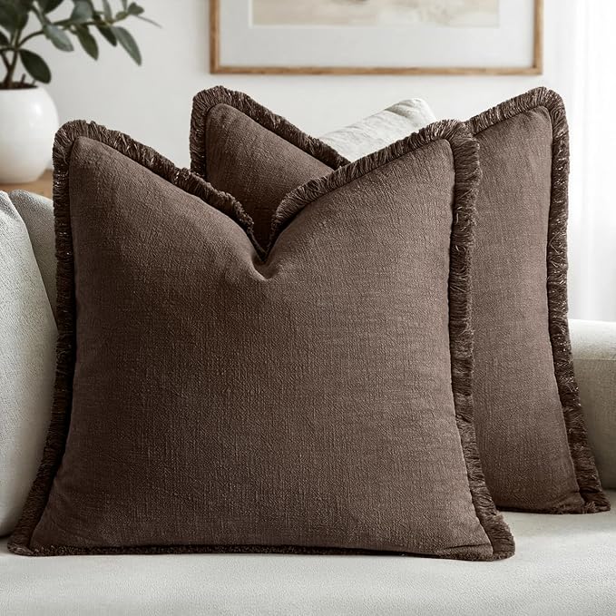 MIULEE Decorative Throw Pillow Covers Neutral Linen Fringe Throw Pillows Set of 2 Reddish Brown Boho Farmhouse Cushion Covers with Tassels for Couch Sofa Bed Living Room Fall Decor 20x20 Inch