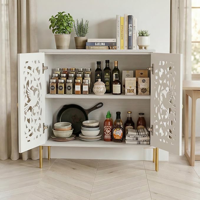 DHZ Accent Cabinet with Doors, Hollow-Carved Pattern Buffet Cabinet with Storage, Freestanding Sideboard Cabinet for Living Room Dining Room Entryway