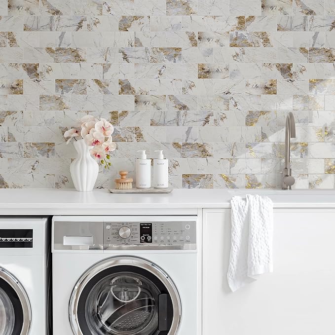 Vamos Tile 100-Piece Peel and Stick Backsplash Seamless Tile,3''x6'' Glossy Pandora Marble with Gold Veining PVC Subway Tile,Stick on Backsplash for Kitchen/Bathroom/Laundry Room