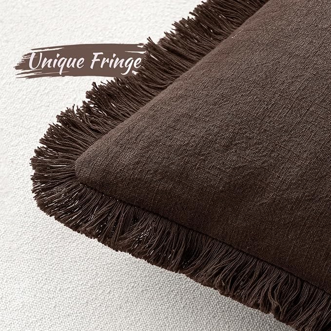 MIULEE Decorative Throw Pillow Covers Neutral Linen Fringe Throw Pillows Set of 2 Dark Brown Boho Farmhouse Cushion Covers with Tassels for Couch Sofa Bed Living Room Fall Decor 18x18 Inch