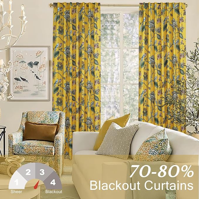 Thermal Curtains 63 Inch Length for Summer Heat,Light Heat Blocking 50% Black Out Nature Tree MCM Tropical Curtains for Living Room Bedroom 2 Panels Set,Yellow