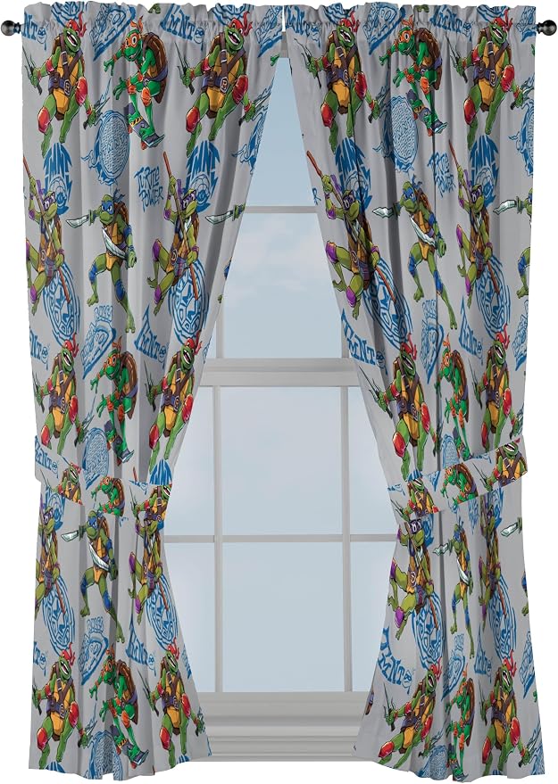 Jay Franco Window Curtains for Kids Bedroom 4-Piece Drape Set with 2 Tiebacks, Grey - Teenage Mutant Ninja Turtles, 42" W x 63" L (Pack of 2)