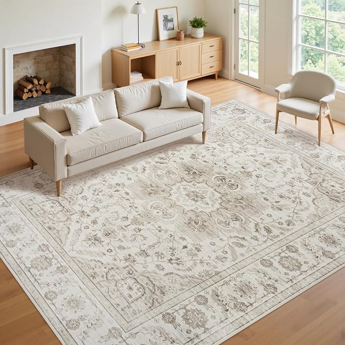 8x10 Area Rugs for Living Room:Beige Washable Vintage Medallion Carpet Non-Slip Soft Low Pile Large Rugs Indoor Retro Rug for Bedroom Nursery Dining Table Office Home(Beige White 8'x10')