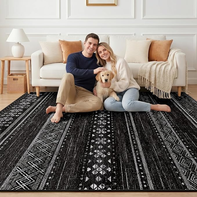 BESTSWEETIE 4x6 Area Rugs for Living Room Washable Moroccan Farmhouse Neutral Geometric Low Pile Non-Slip Soft Print Pattern Rug for Bedroom Kitchen Dining Room Entryway Black/White