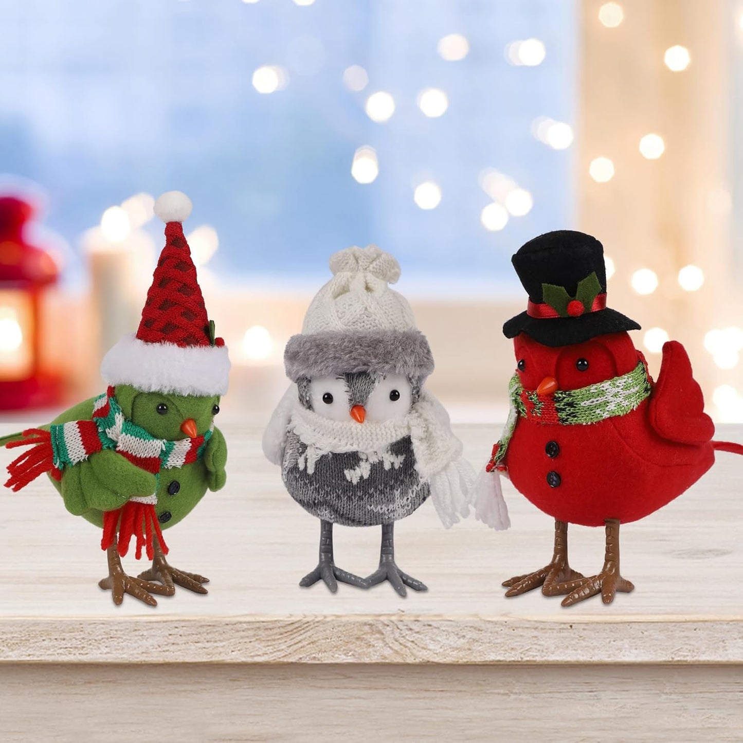 Prsildan Christmas Table Decorations Birds, Set of 3 Christmas Bird Figurine Table Top Decor, Green Red Gray Xmas Birds Ornaments for Winter Home Kitchen Fireplace Mantel Holiday Party