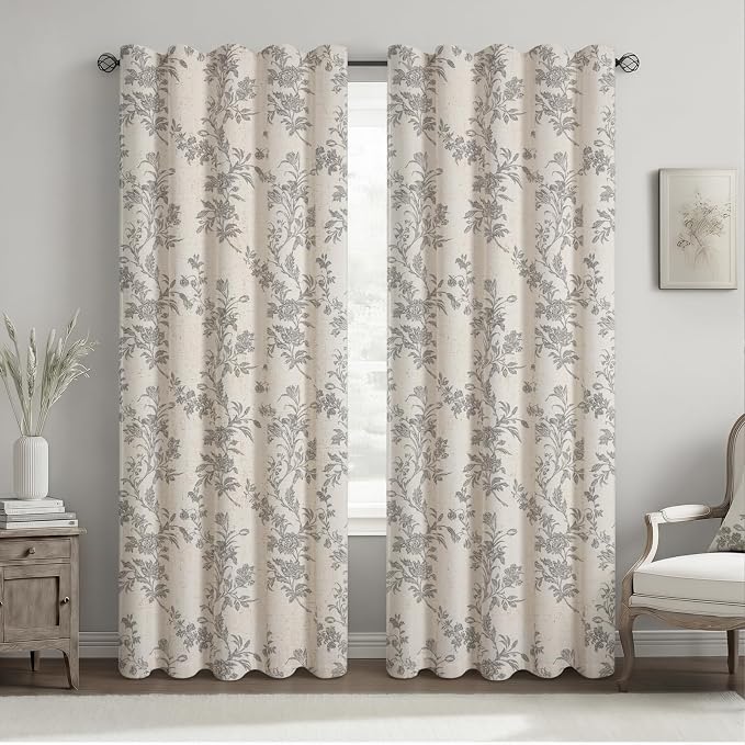 Grey Floral 100% Blackout Curtains for Bedroom 84 Inch Length 2 Panels Set, Linen Texture Farmhouse Curtains for Living Room