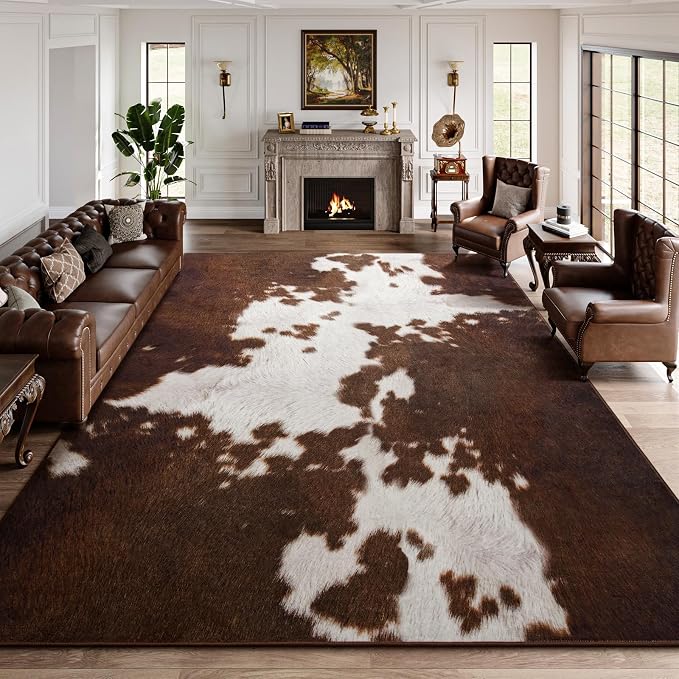 DweIke Cow Print Rugs for Living Room, 6x9 Large Soft Faux Animal Cowhide Area Rug, Washable Non-Slip Stain Resistant Throw Carpet for Dining Room Office Western Home Decor, Red Brown