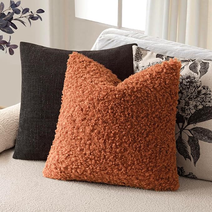 Foindtower 2 Pieces 24x24 Inch Burnt Orange, Faux Fur Throw Pillow Cover Accent Sherpa Furry Pillow Cover Fuzzy Soft Pillowcases Cozy Sheepskin Decorative Fleece Cushion Case for Bed Couch Living Room