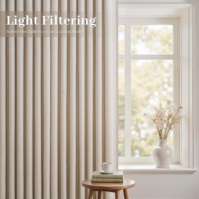 Natural Linen Pinch Pleated Curtains 84 Inch Length 2 Panels for Bedroom Living Room Textured Semi Sheer Window Curtain Boho Neutral Back Tab Pinch Pleat Drape with Hooks 84 Inches Long