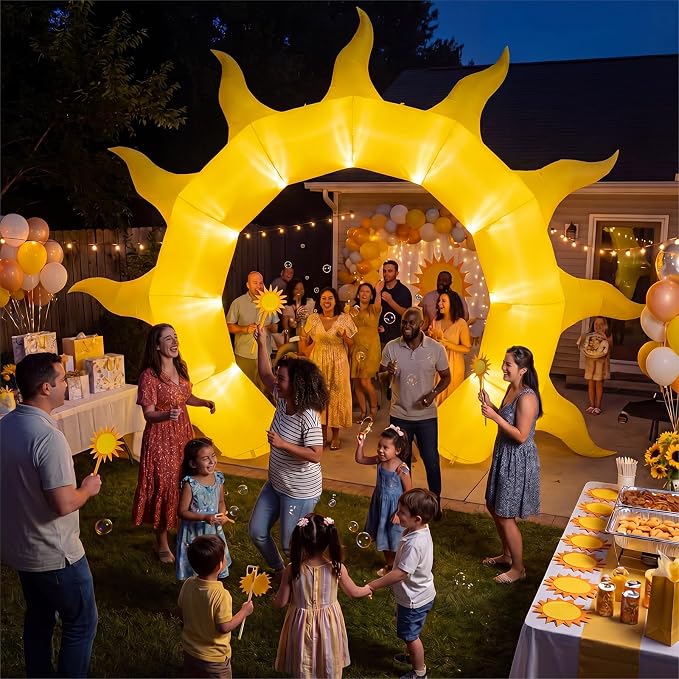 Seenelling 12 FT Summer Sun Inflatable Archway with LED Lights, Giant Sunshine Blow Up Arch Decoration for Baby Shower, Birthday, Beach Pool Party and Outdoor Yard Lawn Decor
