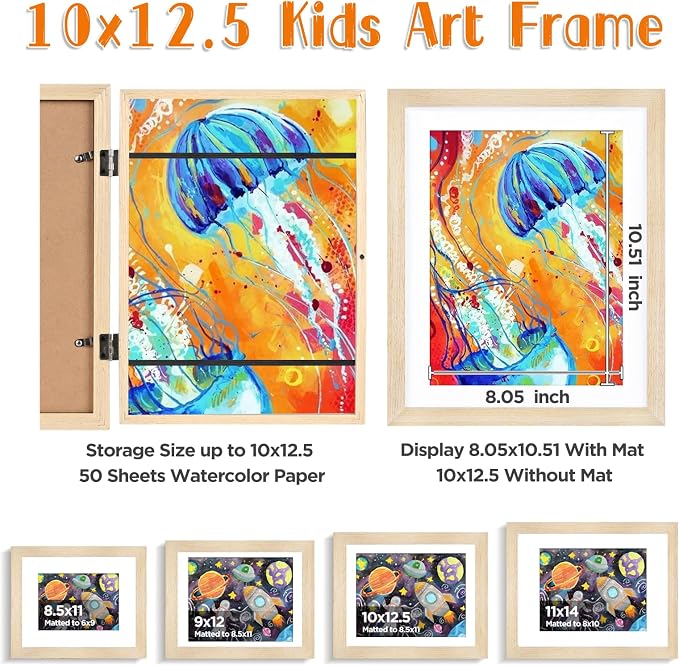 KINLINK 10x12.5 Kids Art Frame 2 Pack, Solid Wood Artwork Frames Changeable, Front Opening Hold 150 Pictures, Art Frames for Kids Artwork, 8.5x11 with Mat 10x12.5 without Mat, Picture Frames Natural