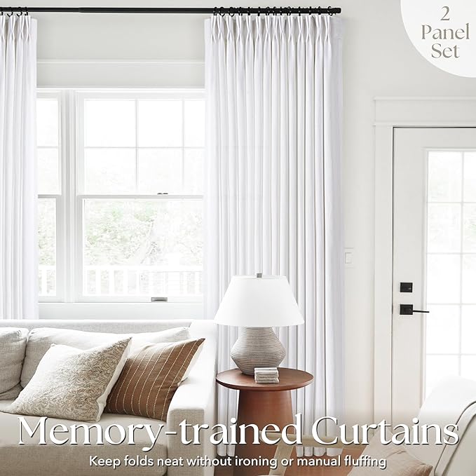 Pinch Pleated White Curtains 120 inch Length for Living Room 2 Panels Light Filtering Semi Sheer White Linen Drapes Modern Elegant Coastal Decor Aesthetic Memory Shape Window Curtain 120 inches Long