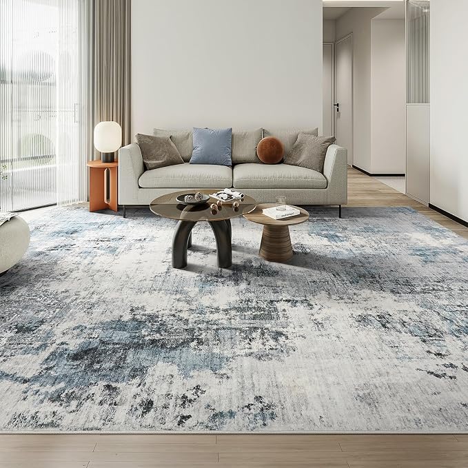 Abstract 12x14 Area Rug: Machine Washable Non Slip Ultra Thin Low-Pile Carpet, Soft Stain Resistant for Living Room Bedroom Office, Kid Pet Friendly, Robot Vacuum Compatible - Grey Blue
