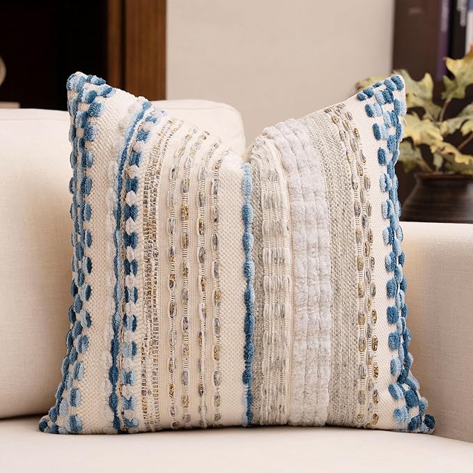 Boho Chenille Tufted Throw Pillow Covers 18x18 Inch Set of 2 Farmhouse Grey Blue Woven Striped Decorative Pillowcases for Couch Sofa Bed