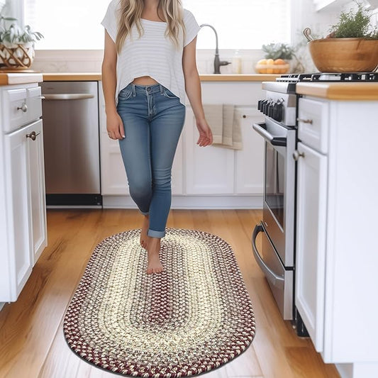 Super Area Rugs Braided Rugs Farmhouse Kitchen Rug - Ridgewood Braided Rug for Living Room - Reversible - Indoor/Outdoor - Made in USA - Burgundy/Beige, 2' X 6' Oval Runner