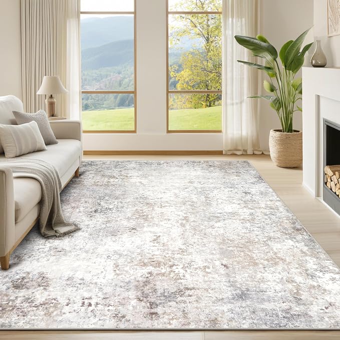 Srugn Washable Rugs 6x9 Area Rugs for Living Room,Modern Abstract Rugs for Bedroom,Large Carpets,Ultra Soft Faux Wool Retro Dining Room Rug,Non Slip&Non-Shedding Low Pile Print Rug- Beige Grey