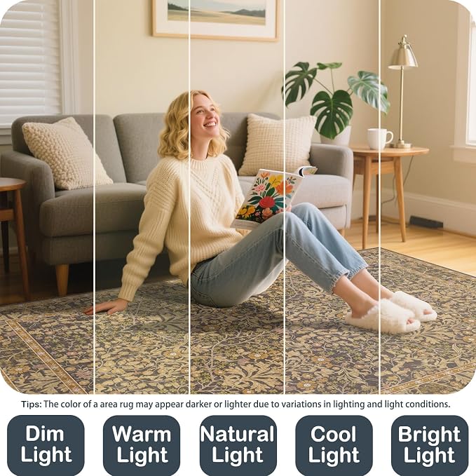 Area Rug for Living Room, 10x12 Large Washable Rugs for Dining Room, Bedroom, Non Slip Stain Resistant Carpet, Low Pile Vintage Floral Rug (Goldenrod)