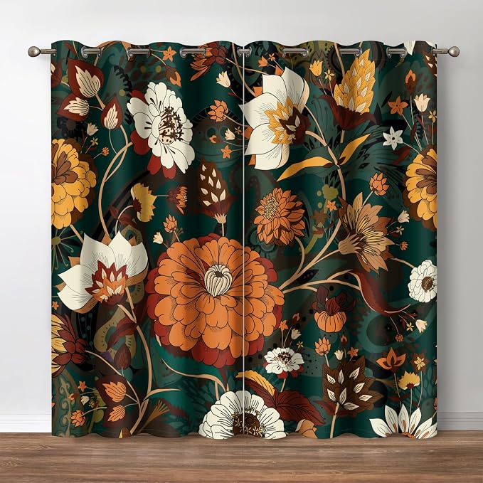 Jekeno Boho Floral Blackout Curtains Mid Century Morden Abstract Bohemian Flowers Print Drapes Decor Home Apartment Bedroom Living Room Darkening Grommet Window Treatments 2 Panels Set,42x54 Inch