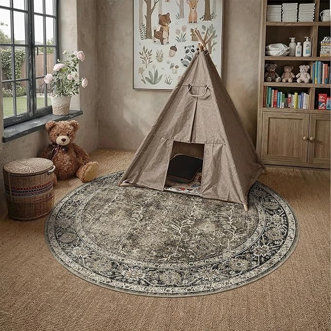 PureCozy Brown Round Area Rug 4ft Entryway 4x4 Circle Vintage Indoor Kitchen Washable Door Mat Living Room Carpet Non Slip Traditional Distressed Retro Accent Throw Rug Office Dining Room Bathroom