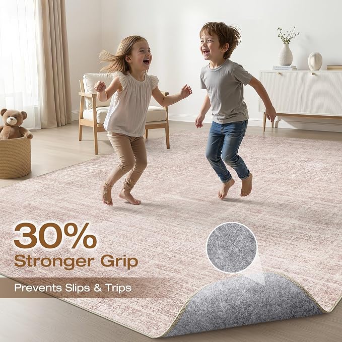 Pink Rug 5x8 Living Room: Washable Large Neutral Rugs Abstract Soft Modern Stain Resistant Indoor Floor Non-Slip Carpet for Nursery Kids Girls Bedroom Playroom Dining Room Under Table
