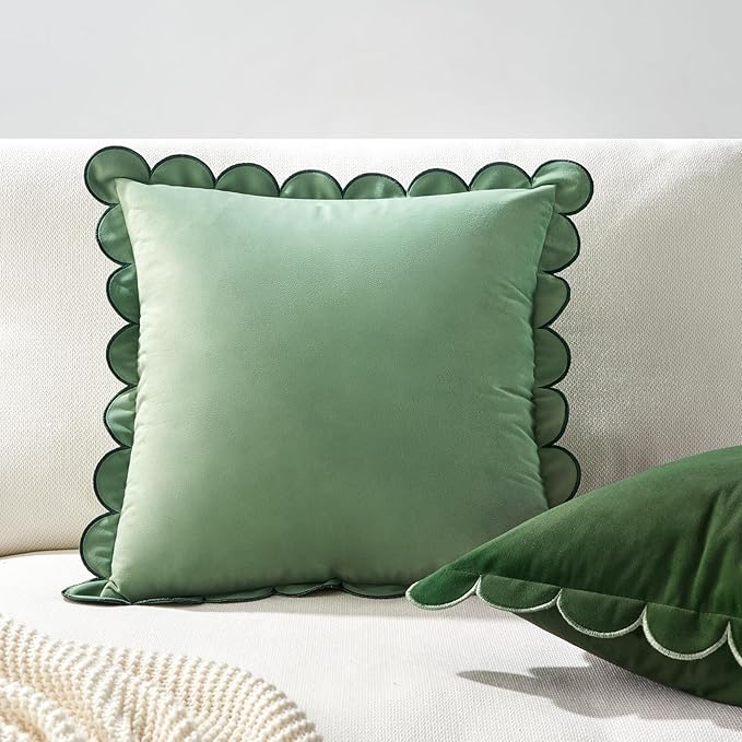 MONDAY MOOSE Decorative Throw Pillow Covers Cushion Cases, Set of 2 Soft Velvet Scalloped Round Edge Designs, Mix and Match for Home Decor, Pillow Inserts Not Included (16x16 inch, Green/Light Green)