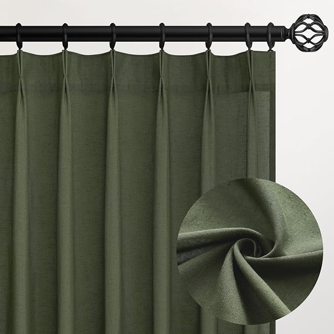 Topfinel Olive Green Linen Semi Sheer Curtains 96 Inches Long,Spring Boho Natural Bedroom Living Room Home Decor,Cotton Linen Blended Light Filtering Pinch Pleated Window Curtain 8ft Panels Set of 2