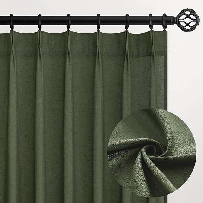 Pleated Linen Curtains 105 Inches Long for Living Room 2 Panel Set Olive Green Semi Sheer Light Filtering Pinch Pleat with Hooks Back Tab Drapes Neutral Boho 105 Inch Curtain for Bedroom Window