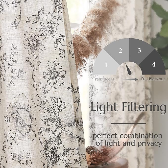 jinchan Linen Blend Curtain Floral Curtains for Living Room 90 Inch Length Black Printed Curtain Rod Pocket Back Tab Farmhouse Peony Flower Patterned Drapes Bedroom Window Curtains Set 2 Panels
