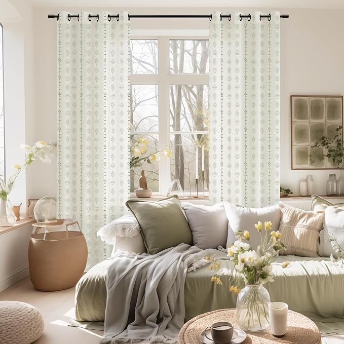 Sage Green Floral French Country Curtains, 72 Inch Long Cottage Core Farmhouse Linen Natural Fabric Patterned Drapes for Living Room Sunroom