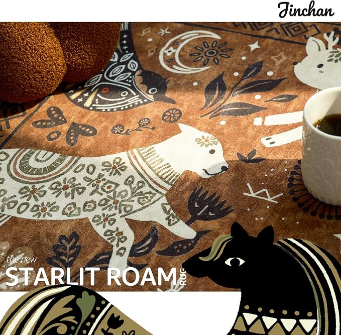 jinchan 5x7 Cute Area Rug Kids Washable Fun Rug Earthy Brown Starlit Boho Indoor Floor Cover Non Slip Lightweight Soft Cozy Animal Throw Carpet for Bedroom Nursery Daycare Living Room Dorm