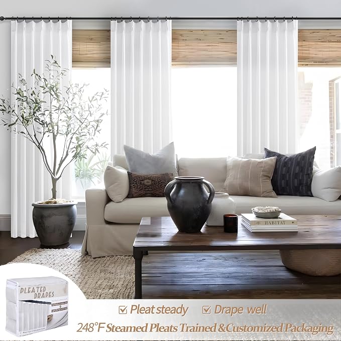 White Linen Curtains 102 Inches Long Tall for Living Room,Semi Sheer Pinch Pleated Curtain for Sliding Door Modern Neutral Light Filtering Privacy Drape with Hooks for Track System W40 xL102 2 Panels