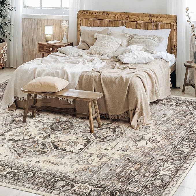 12x18 Area Rugs for Living Room - Large Carpet Ultra Thin Soft Washable Oriental Vintage Floral Distressed Big Indoor Carpets for Bedroom Nursery Dorm Home Decor Aesthetic - Grey Brown