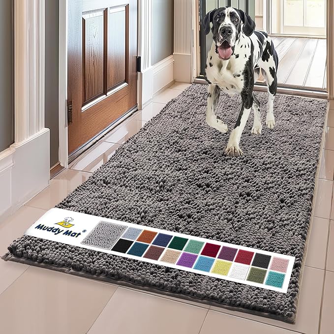 Muddy Mat® | Super Water Absorbent Door Mat Indoor, Microfiber Quick Dry Chenille Entryway Rug, Slip Resistant Front Door Mat, Indoor Mats for Entryway, Machine Washable Pet Rug, Charcoal 24" x 96"