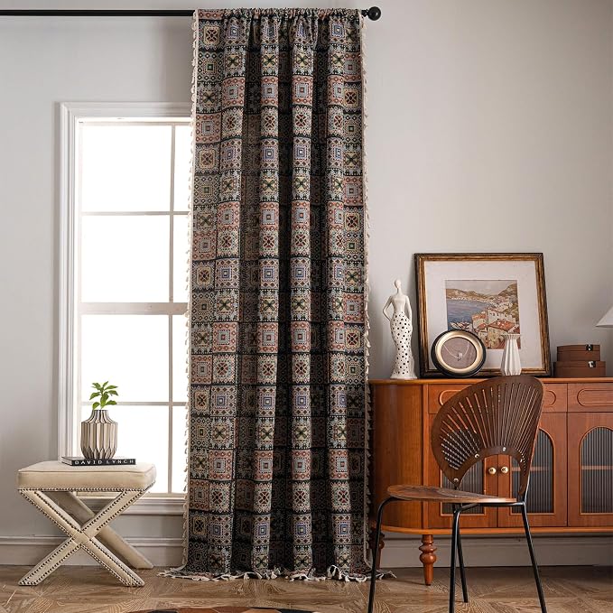 ENJOYBRIDAL Patchwork 96 Inch Curtains for Bedroom Living Room Drapes Jacquard Bohemian Semi Sheer Long Window Curtains 2 Panel Sets Vintage Geometric Black Rod Pocket Boho Window Treatments