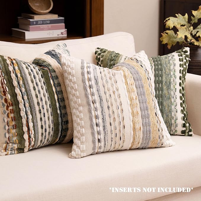 Boho Chenille Tufted Throw Pillow Covers 18x18 Inch Set of 2 Farmhouse Beige Woven Striped Decorative Pillowcases for Couch Sofa Bed