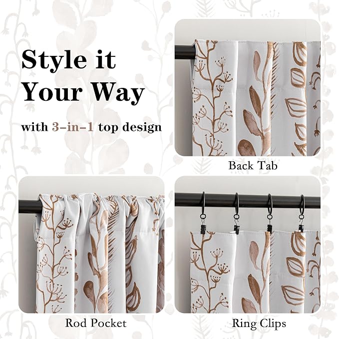 MEETSKY Blackout Curtains 95 Inches Long Leaves Patterned Farmhouse Thermal Insulated Privacy Protection Drapes with Rod Pocket Back Tab for Bedroom Living Room, 2 Panels, 50" Wide, Khaki