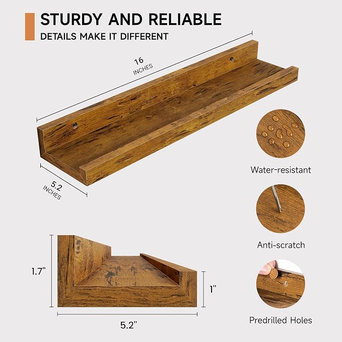 Floating Picture Ledge Shelves Set of 2, 16 Inch Solid Wood Wall Shelves with Lip, Large Nursery Book Shelf for Toys Storage, Kids Bookshelf, Living Room, Bedroom Decor Frames, Rustic Brown