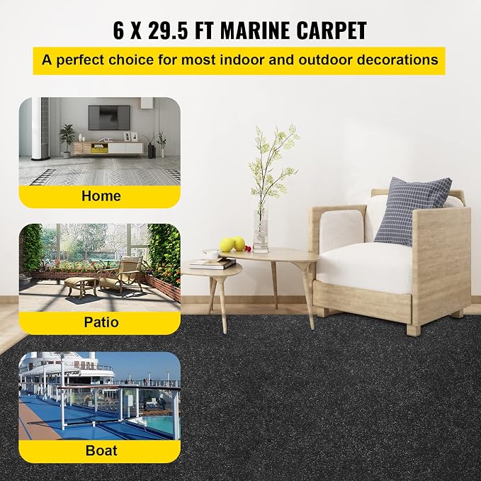 Happybuy 6 ft x 29.5 ft Black Marine Carpet for Boats Waterproof - 0.18" Thick Indoor Outdoor Rug Carpet Roll for Home Patio Porch Deck