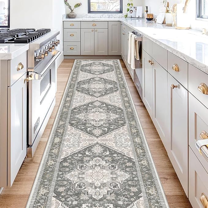 OPPODREAM Soft Entryway Rug 2x10, 2x10 Rug Runner, Washable Hallways Carpet 2 x 10 with Non Slip Backing, Low-Pile Bedside Carpet 2 x 10, Long, Faux Cashmere, Greenish Grey